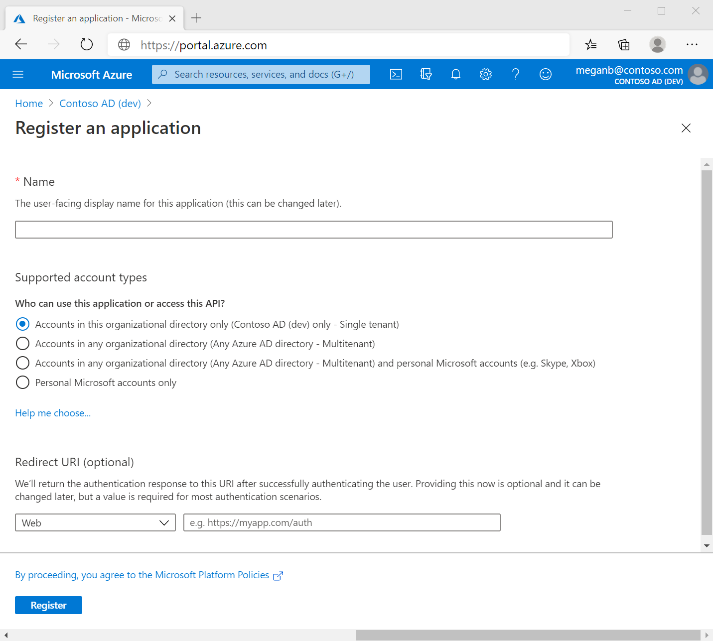 Screenshot of the Azure portal in a web browser, showing the Register an application pane.