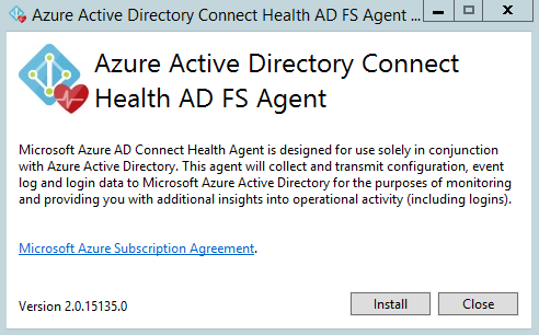 لقطة الشاشة تعرض نافذة التثبيت لعامل Azure Active Directory Connect Health في AD FS.