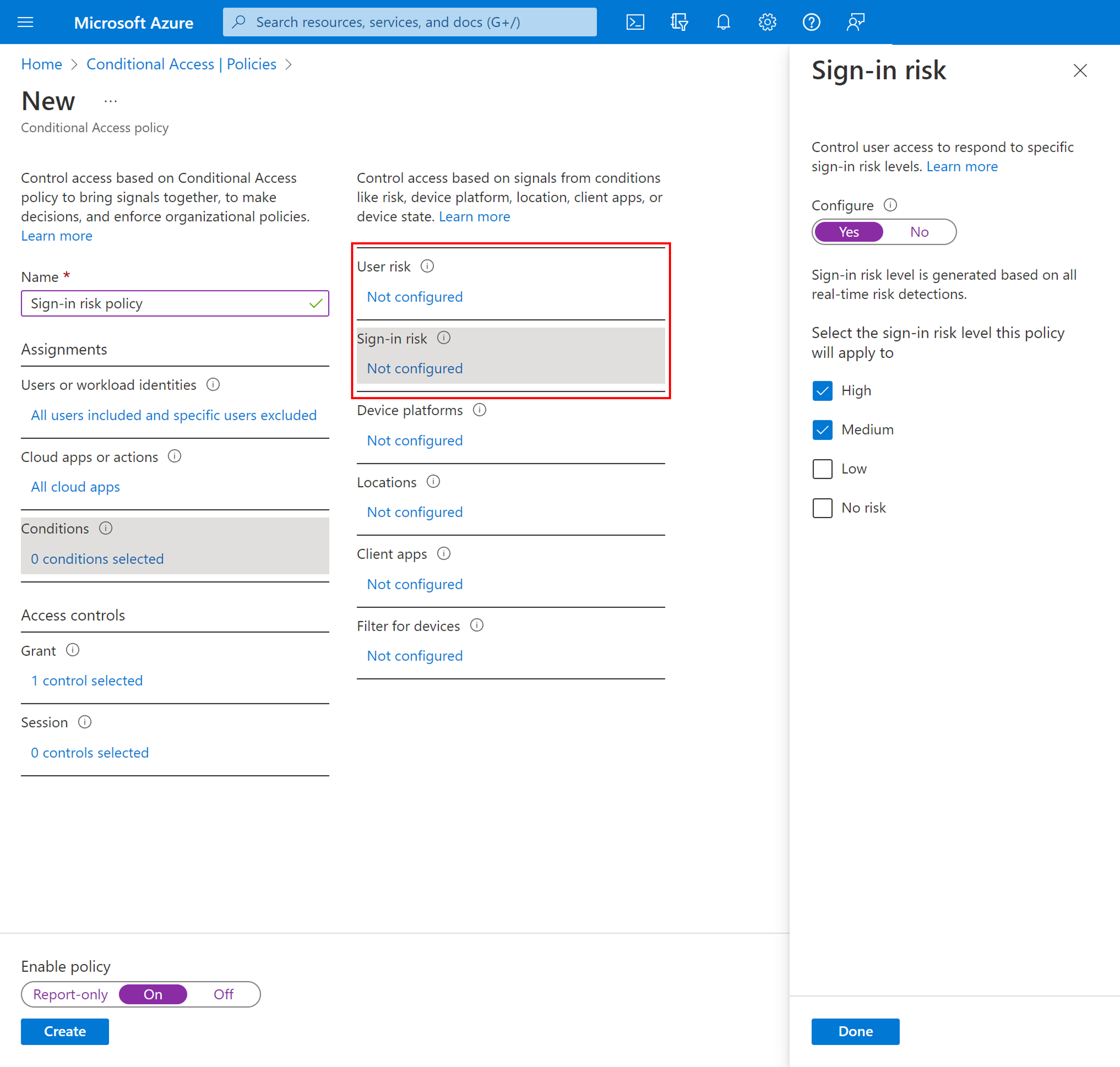 Screenshot of a Conditional Access policy showing risk as conditions.