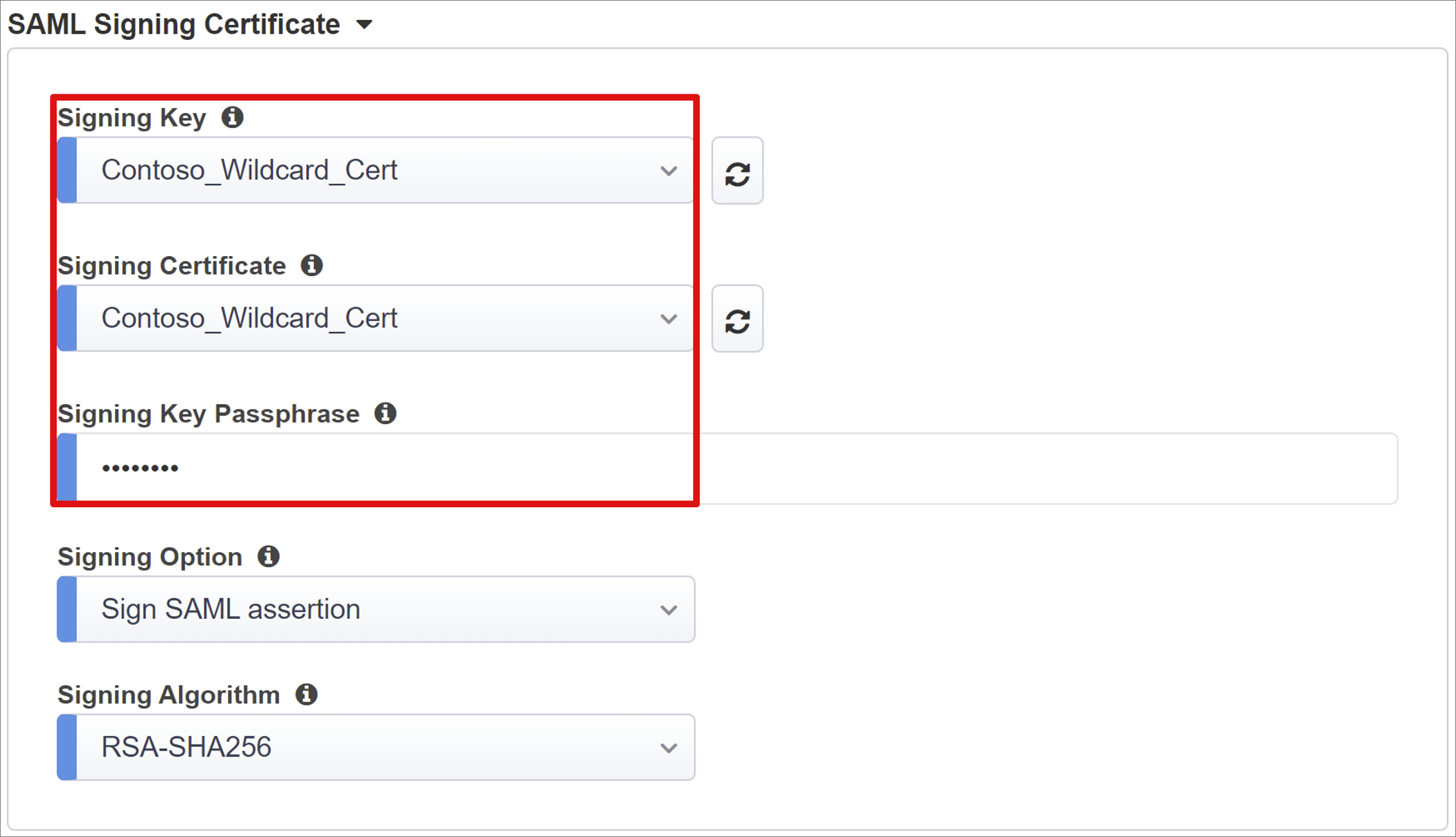 Screenshot of Signing Key, Signing Certificate, and Signing Key Passphrase on SAML Signing Certificate.