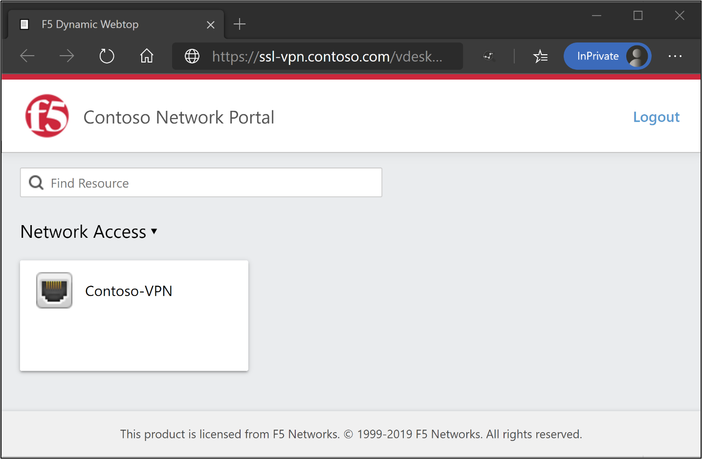 لقطة شاشة لصفحة بوابة شبكة Contoso مع مؤشر الوصول إلى الشبكة.