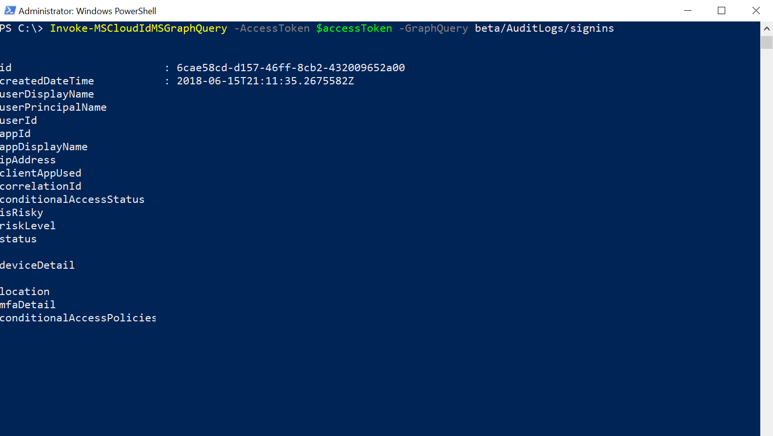 Screenshot shows a PowerShell window with a command to query the signins endpoint using the access token from earlier in this procedure.