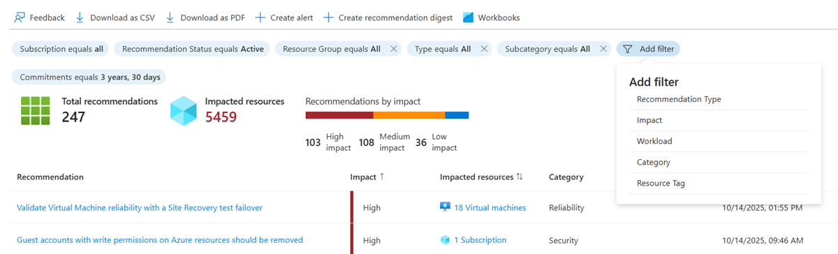 لقطة شاشة لجميع قائمة التوصيات مع عوامل التصفية في Azure Advisor.