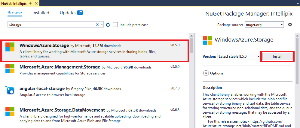 Installing WindowsAzure.Storage