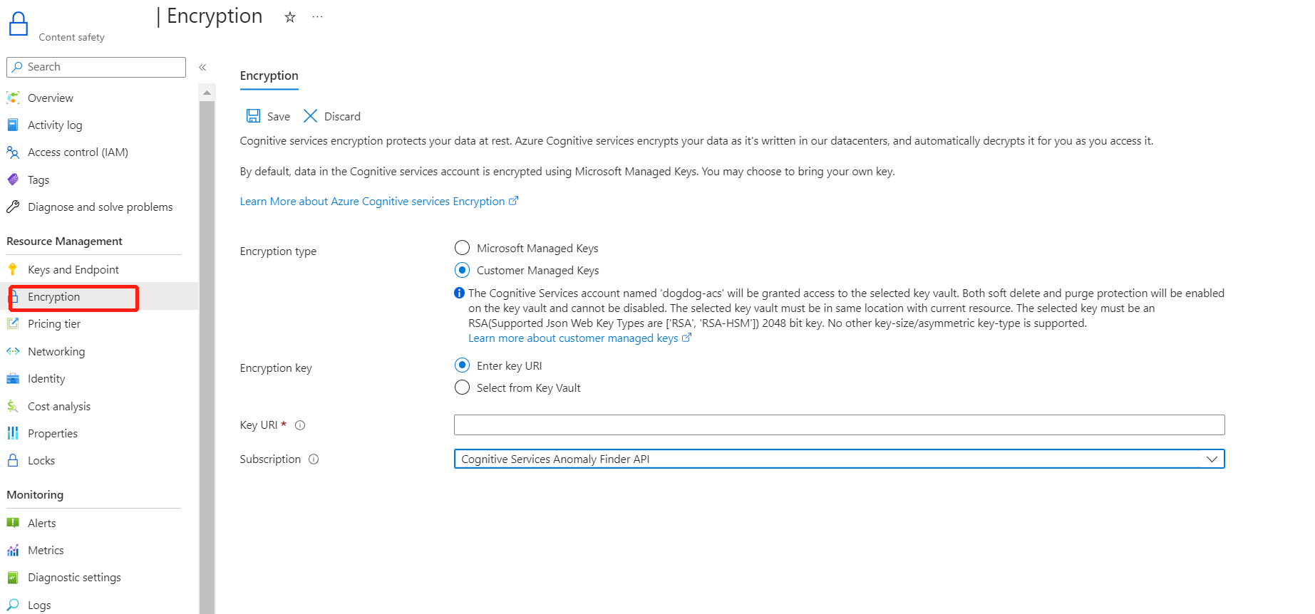 لقطة شاشة لعلامة تبويب التشفير في مدخل Microsoft Azure.