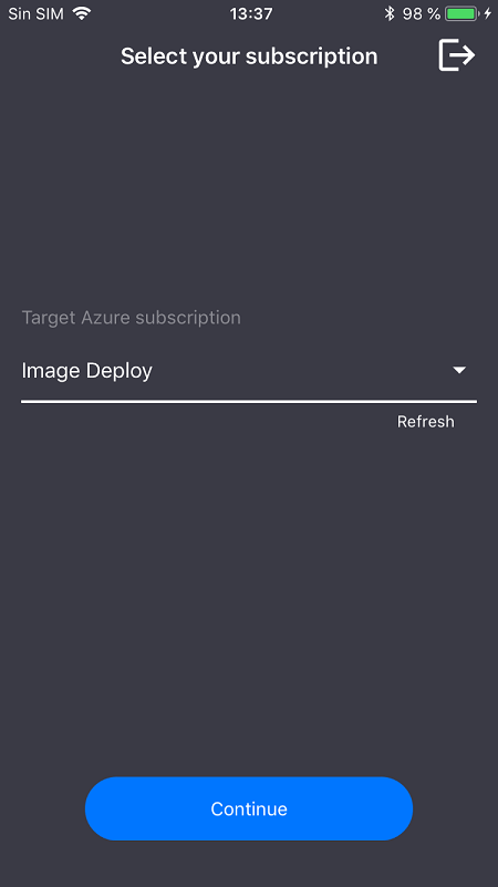 تعرض شاشة التطبيق حقلاً منسدلاً لاشتراك Target Azure