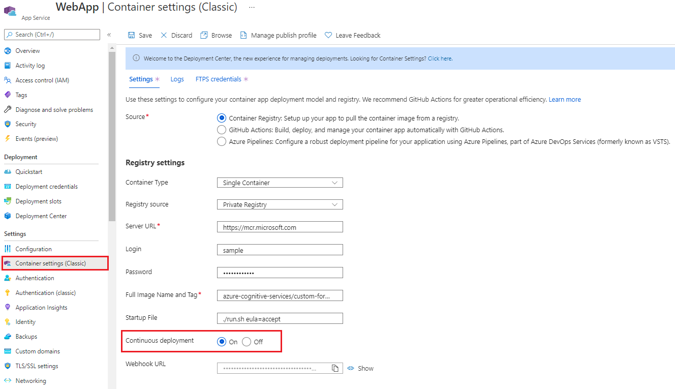 Screenshot of enlargement of container settings for continuous deployment.