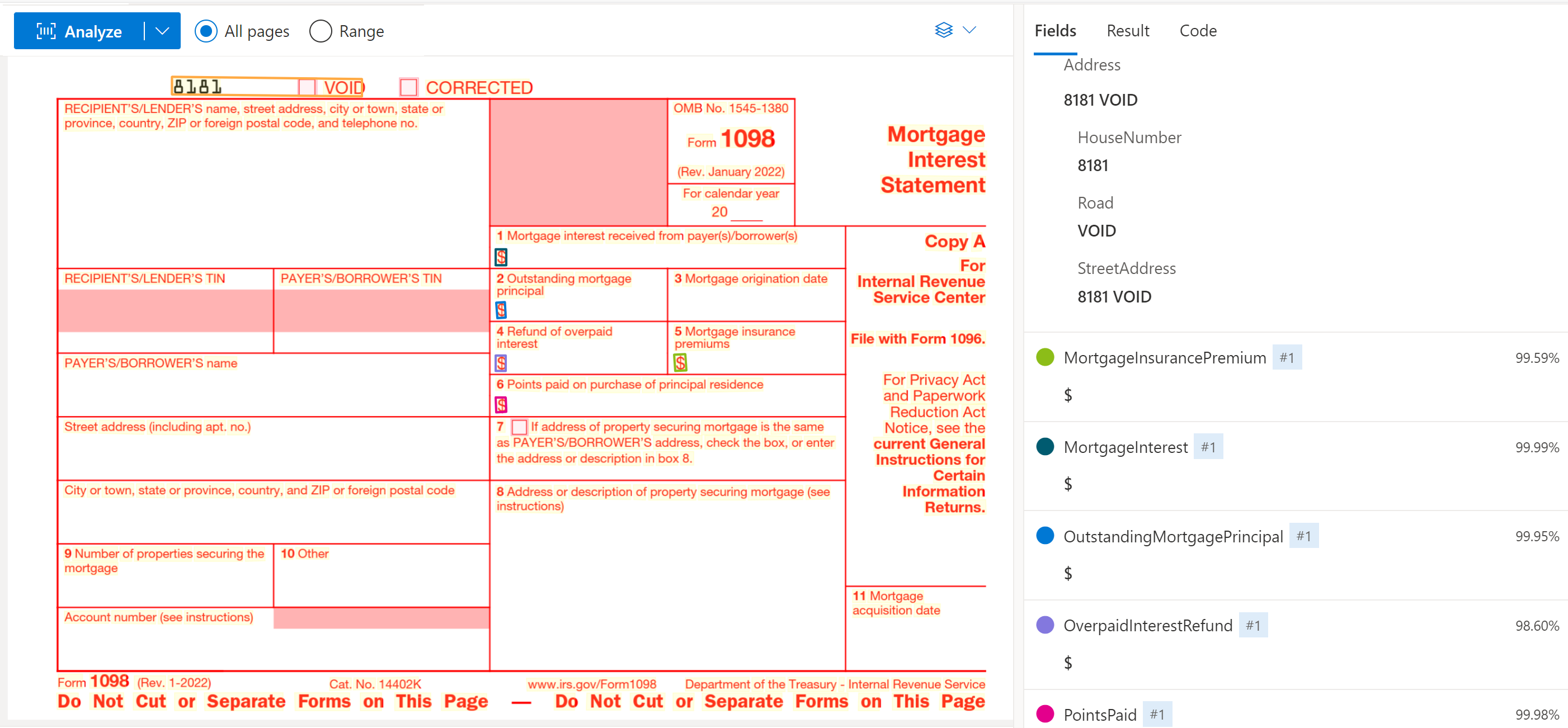 لقطة شاشة لنموذج ضريبة US 1098 الذي تم تحليله في Document Intelligence Studio.