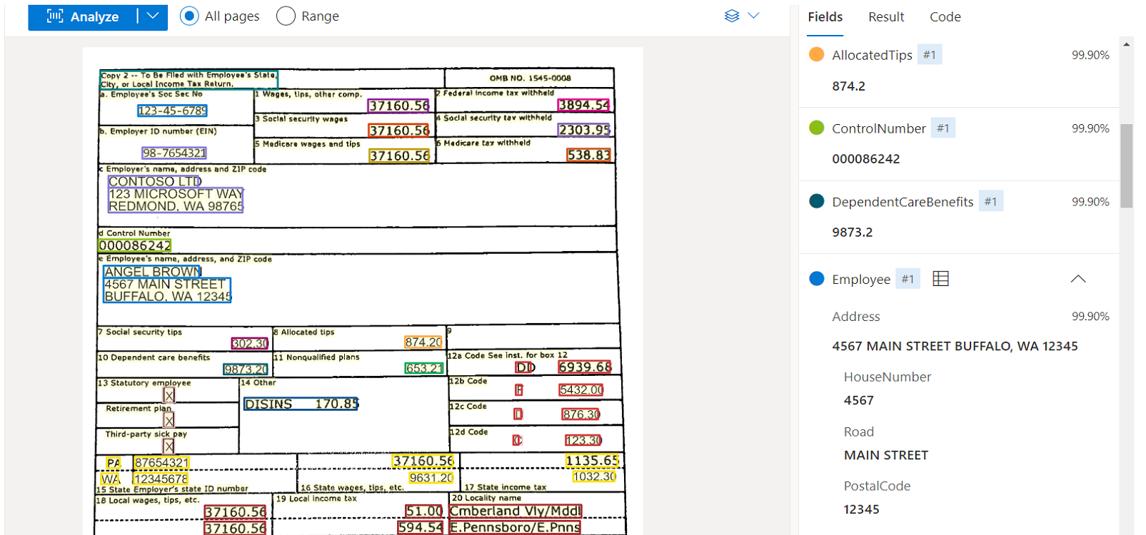 لقطة شاشة لتحليل نموذج W-2 باستخدام Document Intelligence Studio.