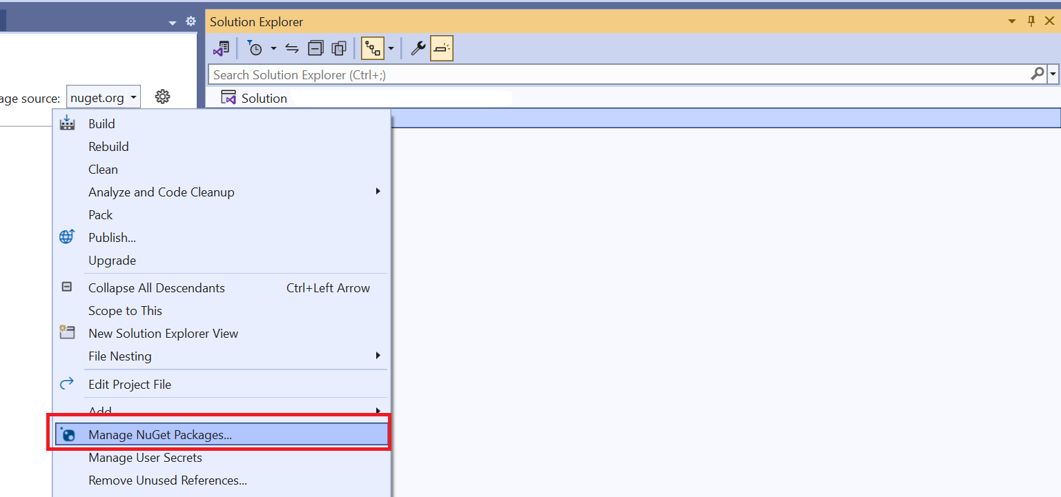 لقطة شاشة من نافذة حزمة NuGet المحددة في Visual Studio.