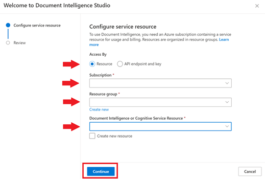 لقطة شاشة لتكوين نموذج مورد الخدمة من Document Intelligence Studio.