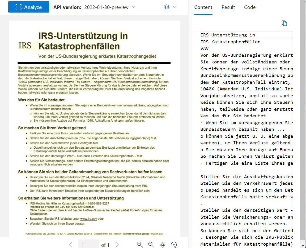 لقطة شاشة لنموذج مستند تمت معالجته باستخدام Document Intelligence Studio Read