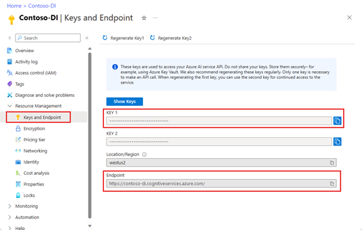 لقطة شاشة لصفحة المفاتيح ونقطة النهاية في مدخل Microsoft Azure.