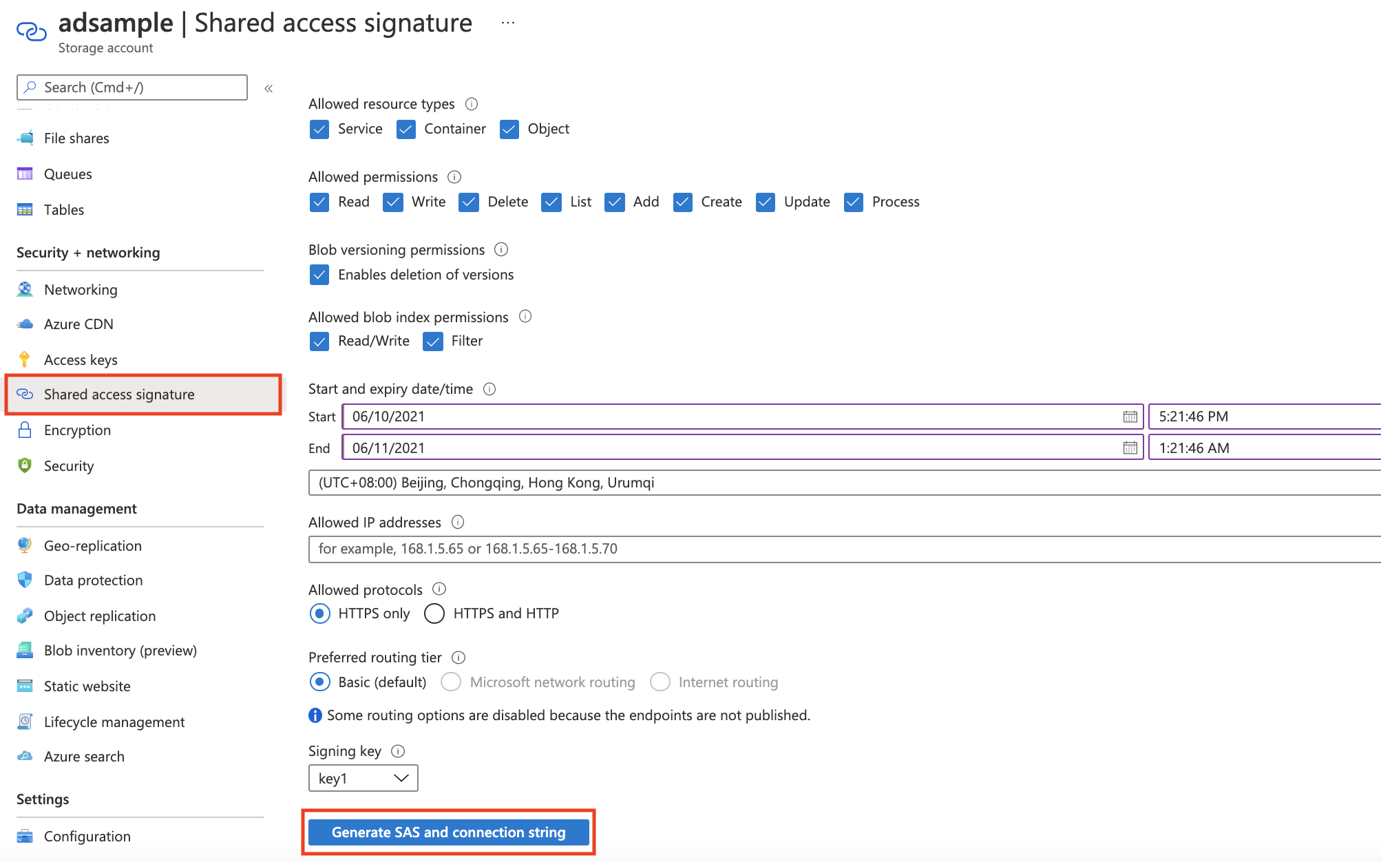 لقطة شاشة توضح كيفية إنشاء توقيع الوصول المشترك في Azure Table Storage.