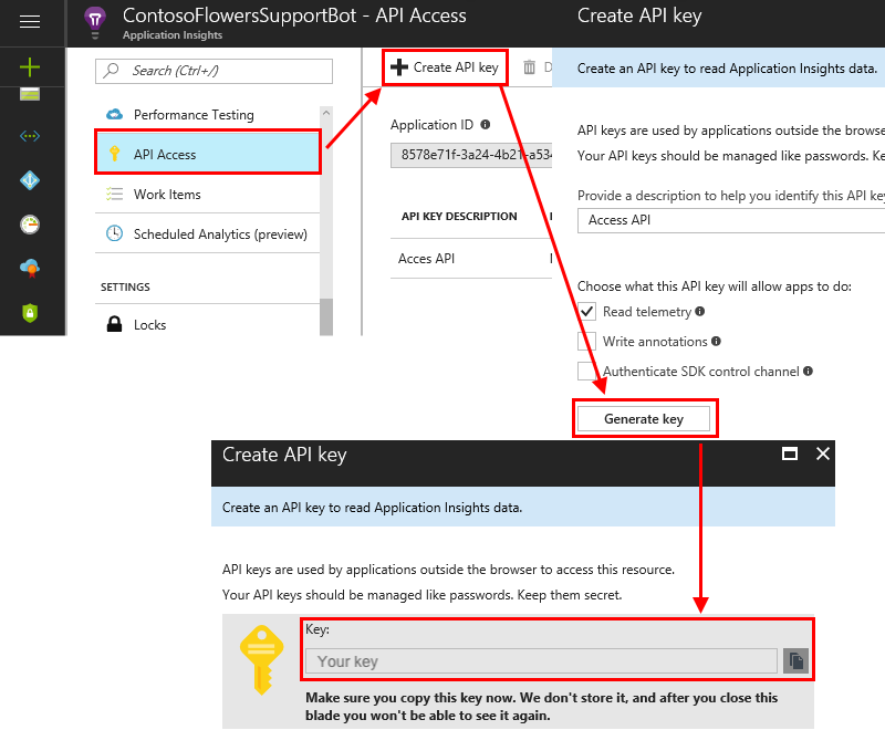 لقطة شاشة توضح كيفية الحصول على مفتاح API في مدخل Microsoft Azure.