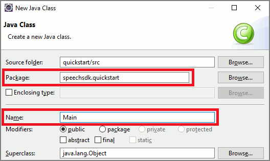 لقطة شاشة لنافذة فئة Java الجديدة