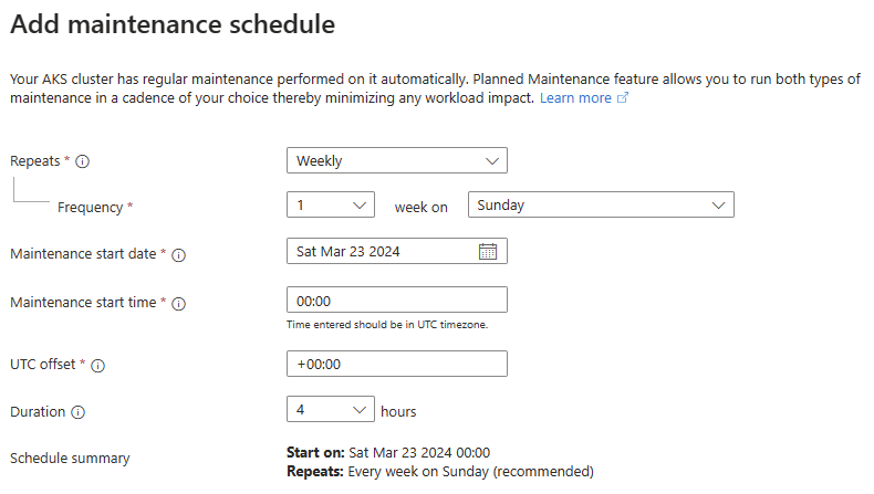 لقطة شاشة لمدخل Azure تعرض خيارات تكوين جدول الصيانة في صفحة إضافة جدول الصيانة لمجموعة AKS موجودة.