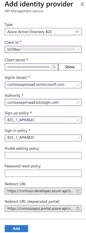 لقطة شاشة لتكوين موفر هوية Active Directory B2C في المدخل.