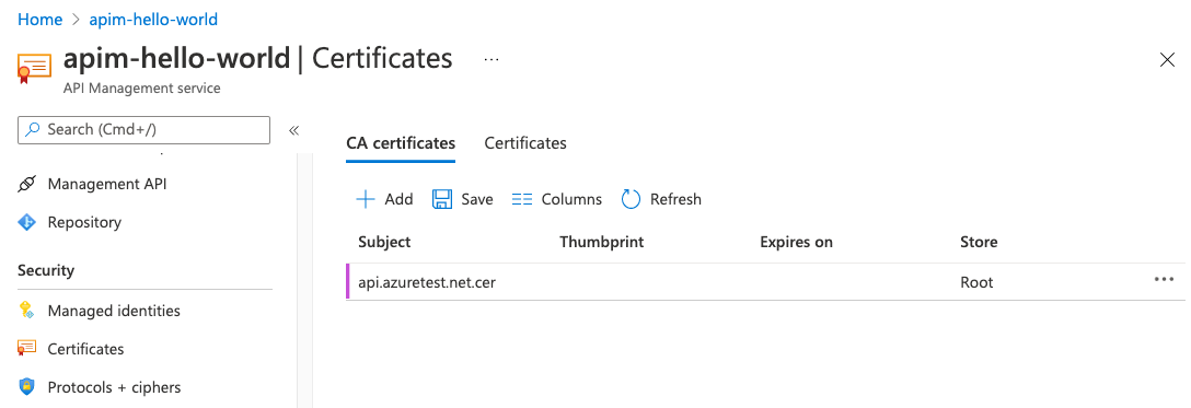 شهادات CA في مدخل Microsoft Azure