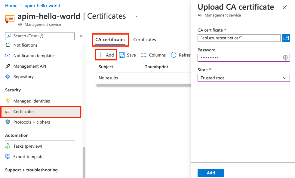 أضف شهادات CA في مدخل Microsoft Azure