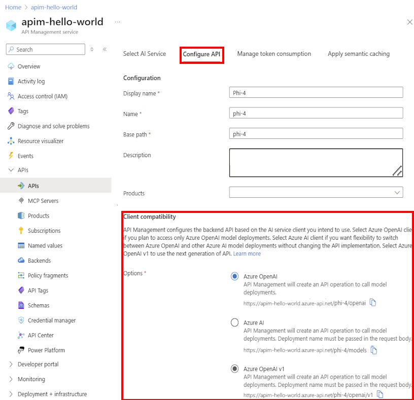 لقطة شاشة لتكوين واجهة برمجة تطبيقات Microsoft Foundry في البوابة.