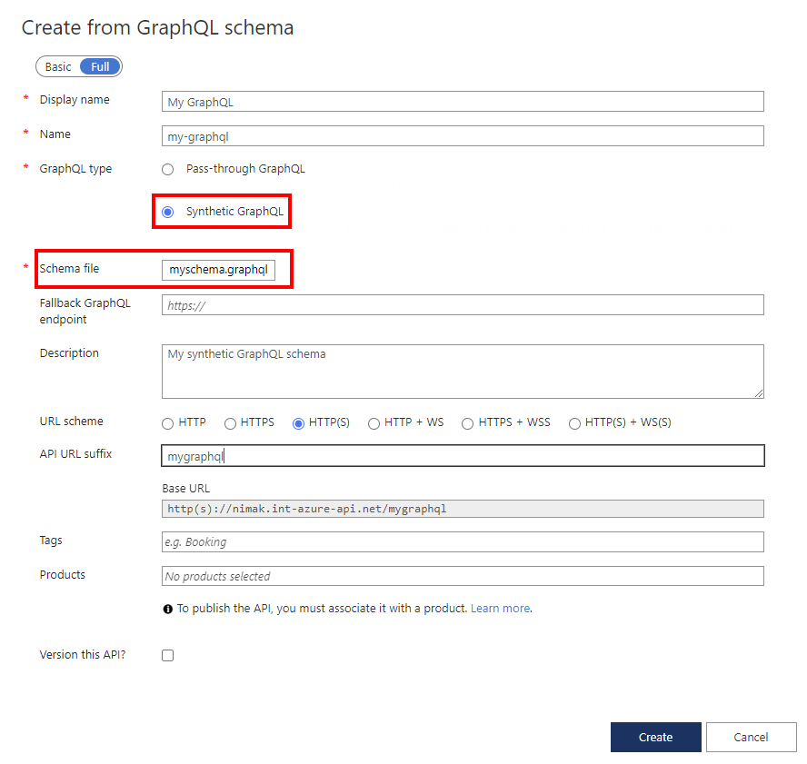 لقطة شاشة للحقول الخاصة بإنشاء واجهة برمجة تطبيقات لـ GraphQL.