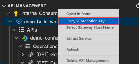 لقطة شاشة لأمر Copy subscription Key في Visual Studio Code.