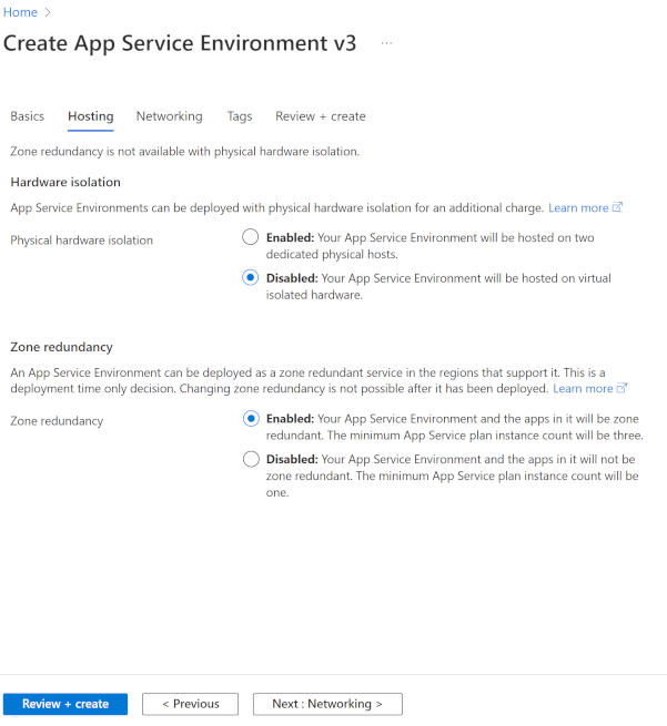 Screenshot that shows the App Service Environment hosting selections.