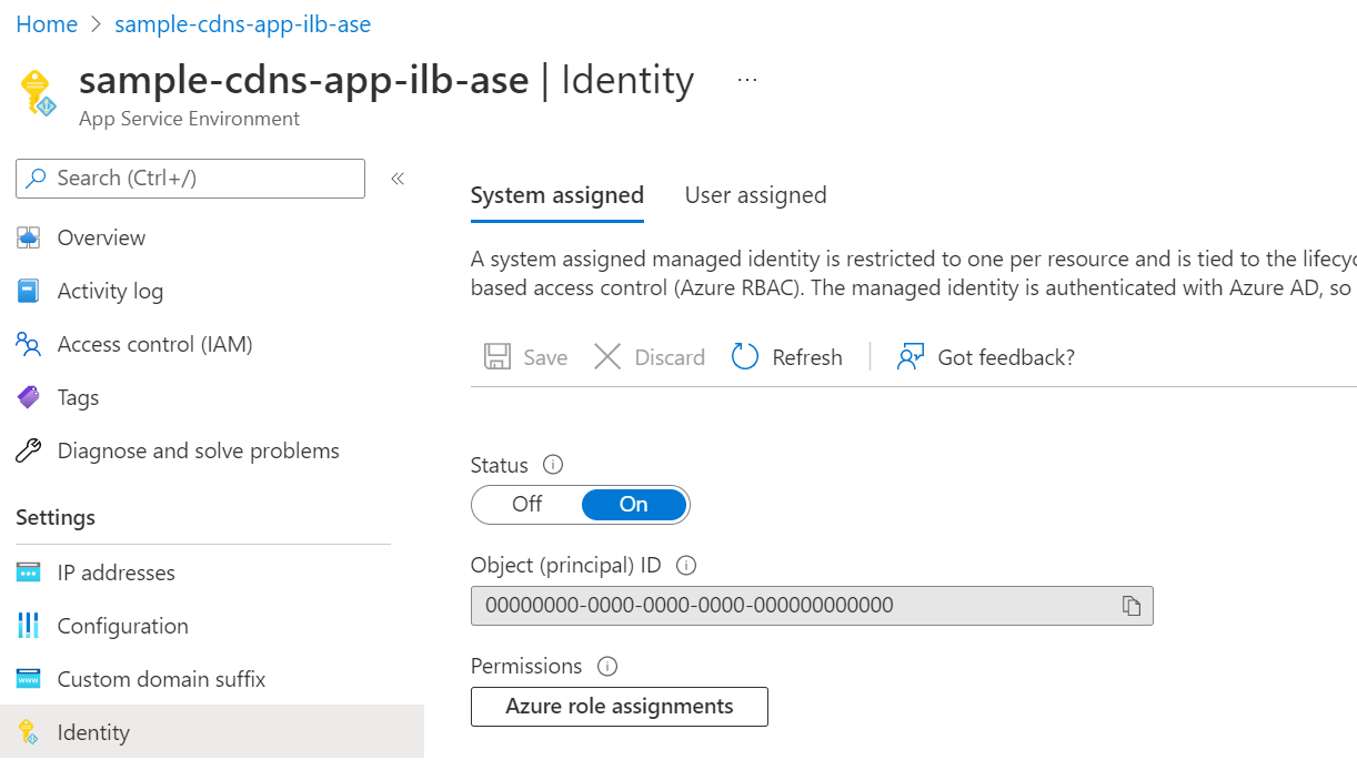 لقطة شاشة لنموذج نظام تم تعيينه للهوية المدارة لـ App Service Environment.