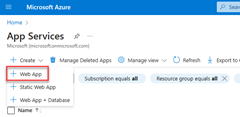 لقطة شاشة لموقع الزر إنشاء في صفحة App Services في مدخل Microsoft Azure.