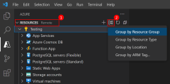 لقطة شاشة لكيفية حذف مجموعة موارد في VS Code باستخدام ملحق Azure Tools.