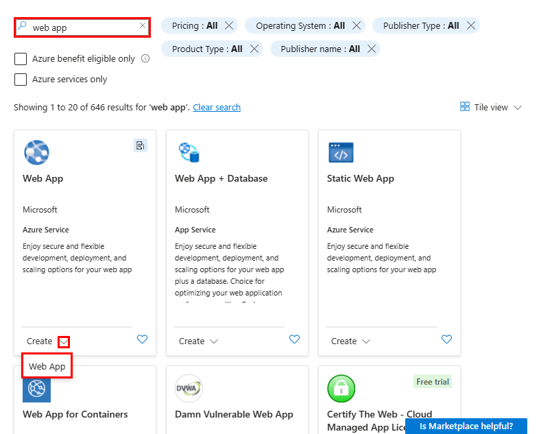 لقطة شاشة تعرض صفحة Azure Marketplace مع البحث في تطبيق الويب وإنشاء أزرار تطبيق الويب التي يتم النقر فوقها.