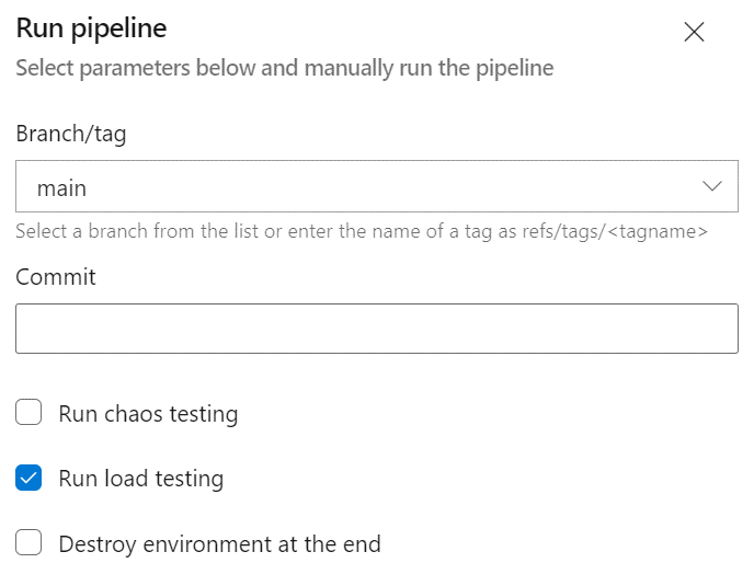 Run pipeline screen with the load testing checkbox ticked.