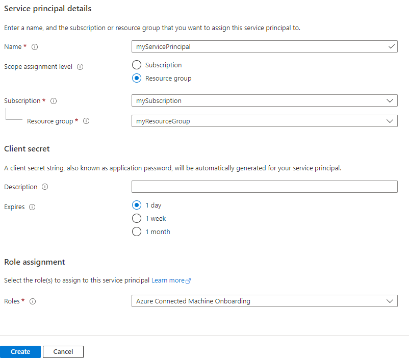 لقطة شاشة لشاشة إنشاء كيان خدمة Azure Arc في مدخل Microsoft Azure.