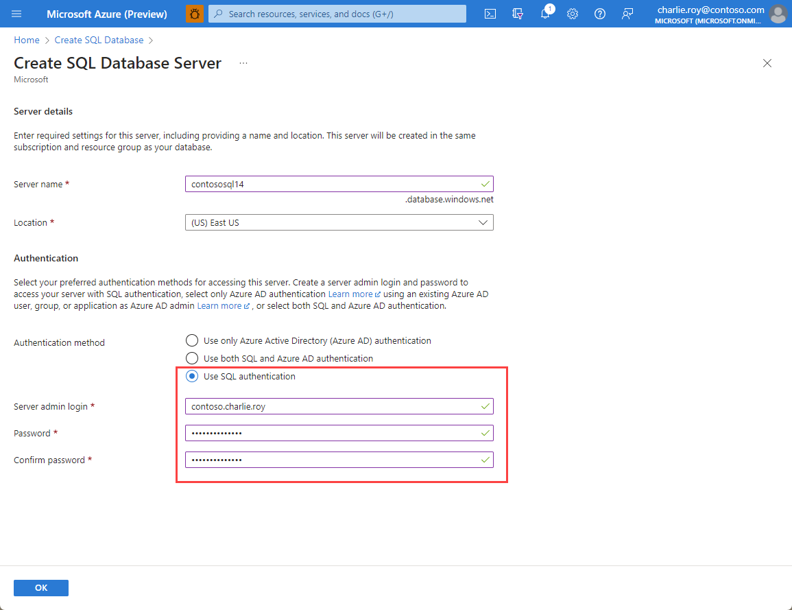 لقطة شاشة لمعلومات المصادقة لمورد Azure SQL.