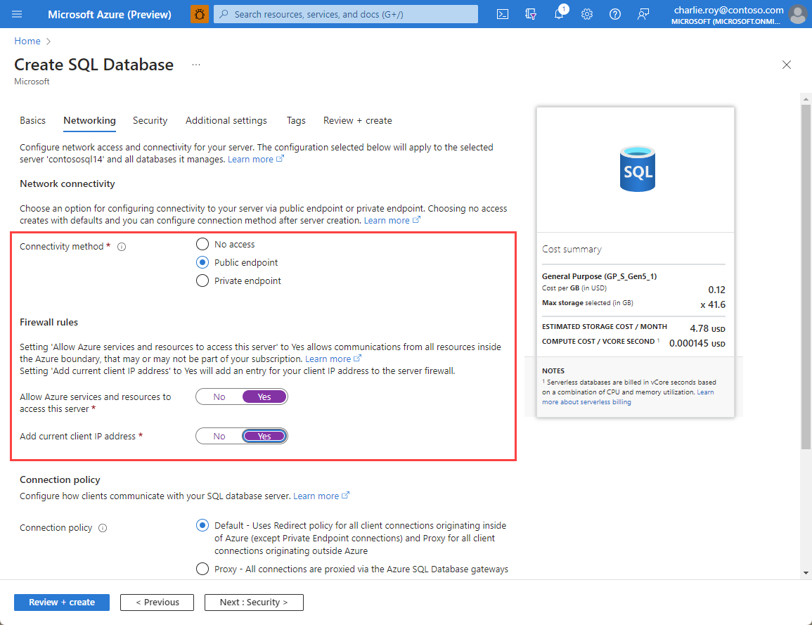 لقطة شاشة لإعداد الشبكة لمورد Azure SQL.