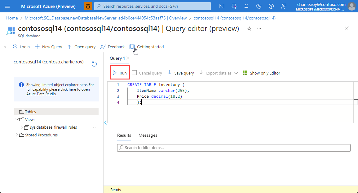 لقطة شاشة تعرض إنشاء جدول في محرر Power Query لمورد Azure SQL.