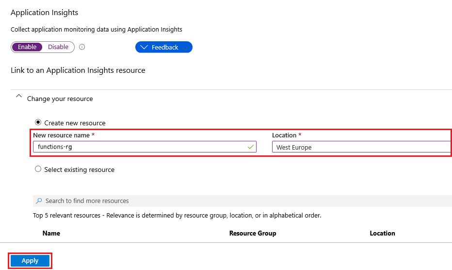 لقطة شاشة توضح كيفية إنشاء مورد Application Insights.