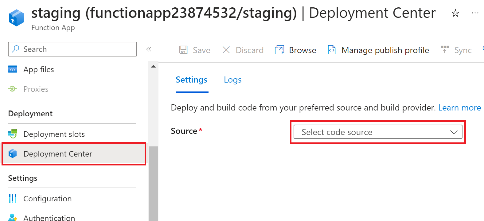لقطة شاشة لمركز توزيع تطبيق الوظائف في مدخل Microsoft Azure حيث تختار مستودع المصدر الخاص بك.