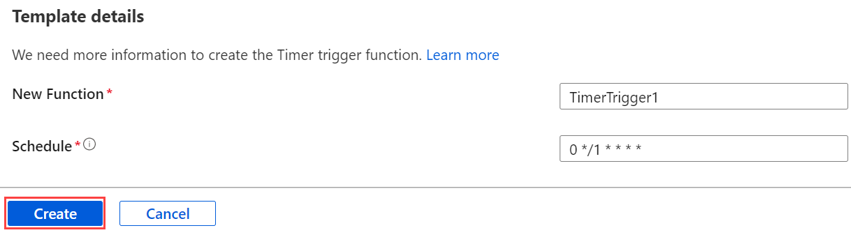 لقطة شاشة تعرض صفحة الدالة الجديدة مع تحديد قالب Timer Trigger.