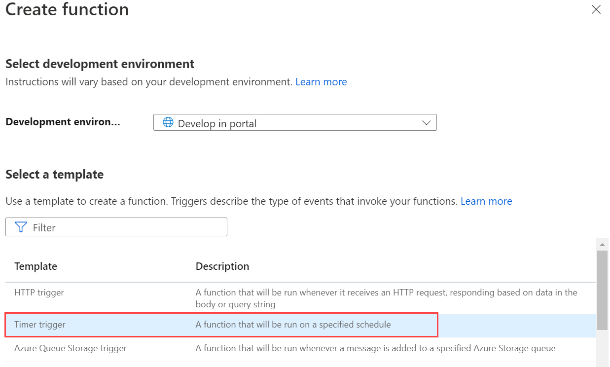 لقطة شاشة لتحديد صفحة تشغيل المؤقت في مدخل Microsoft Azure.