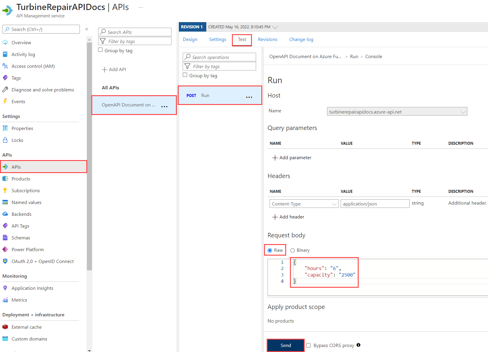 صفحة اختبار OpenAPI في واجهة برمجة تطبيقات API Management