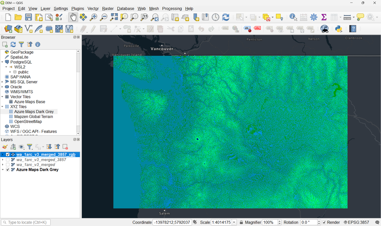 لقطة شاشة تعرض GeoTIFF المشفرة RGB في QGIS.