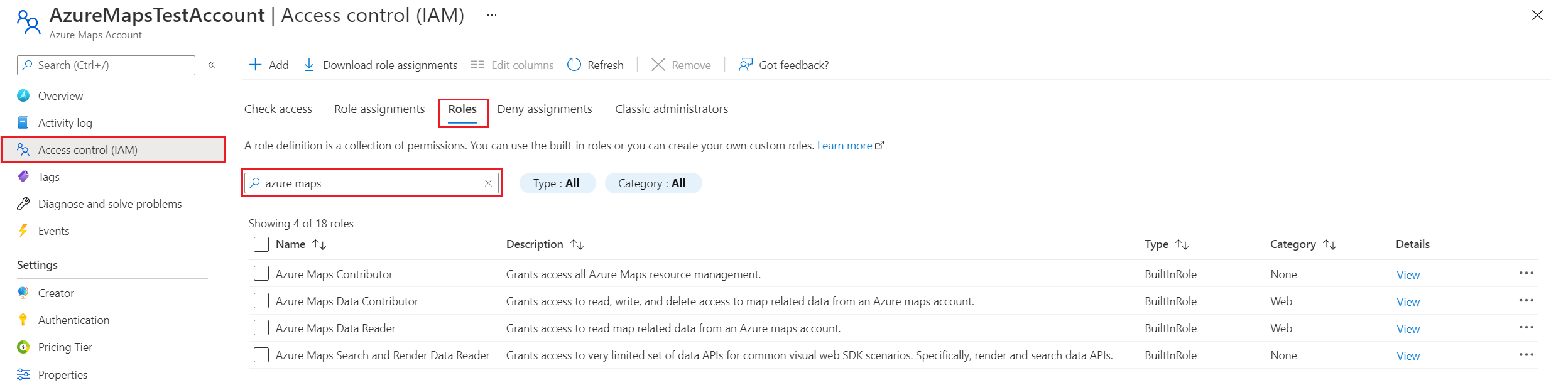عرض تعريفات الأدوار المدمجة في خرائط Azure.