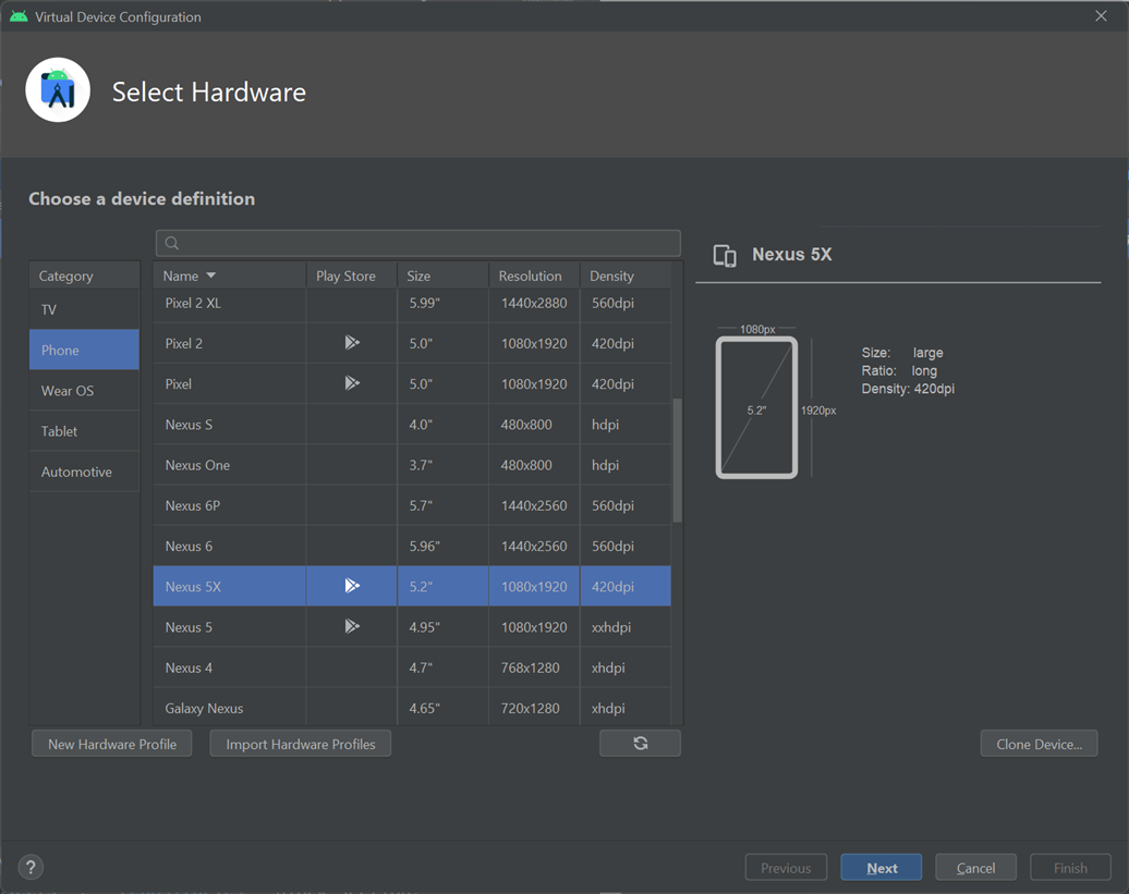 لقطة شاشة تعرض شاشة Select Hardware في Android Virtual Device Manager عند إنشاء جهاز ظاهري جديد.