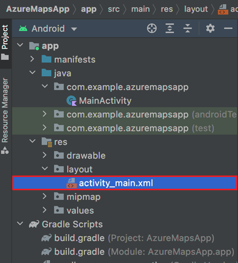لقطة شاشة تعرض ملف activity_main.xml في جزء متصفح المشروع في Android Studio.