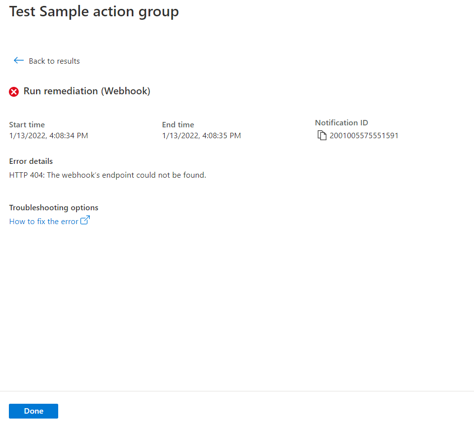 لقطة شاشة تعرض صفحة Test sample action group تعرض اختبارا فشل.