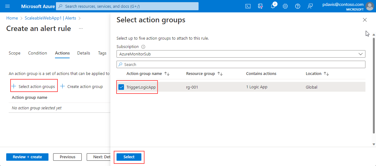 لقطة شاشة تعرض علامة التبويب Actions في جزء Create an alert rule وجزء Select action groups.