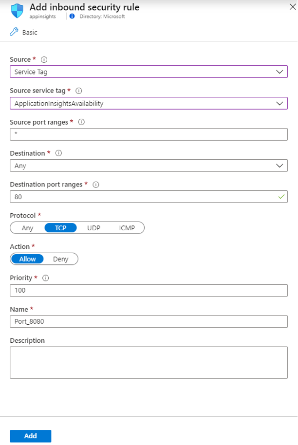 لقطة شاشة تعرض علامة التبويب Add inbound security rules مع مصدر علامة الخدمة.