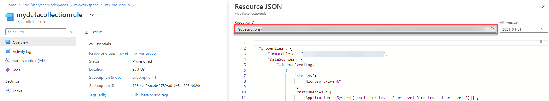 Screenshot that shows the data collection endpoint JSON view.